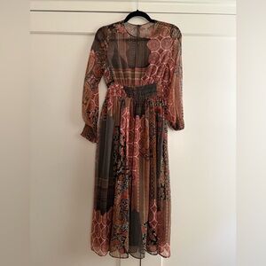 Zara Long Sleeve midi Dress with Red and Brown Patterns
